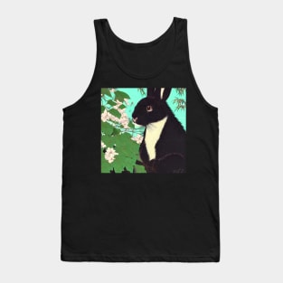 Cute Floral Black Fuzzy Lop Rabbit with Binkying Eyes Innocent Bunny Expression Emotional Animal Tank Top